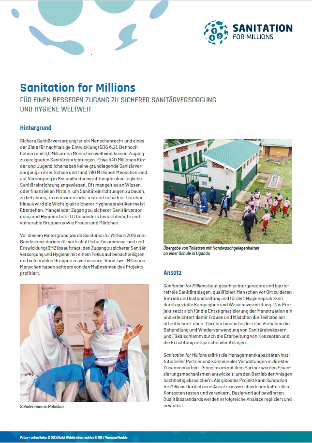 First page of the German factsheet on the activities of Sanitation for Millions