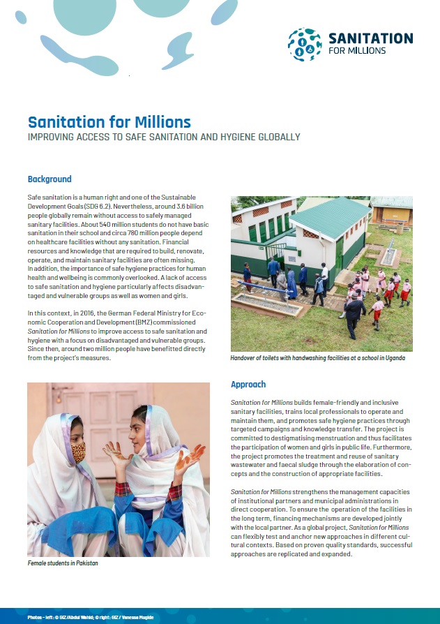First page of the English factsheet on the activities of Sanitation for Millions