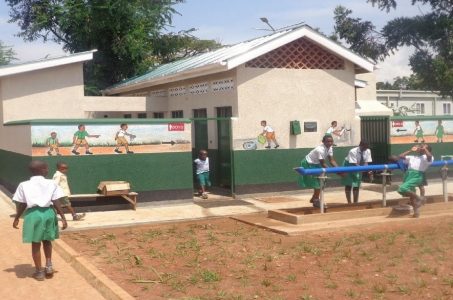 Children on a schoolyard: some washing hands, others using the toilet